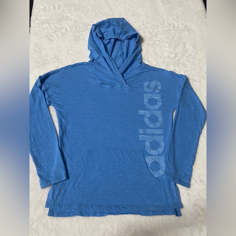 Girls Size  10/12 Blue Adidas Lightweight Hooded Long Sleeve Tee